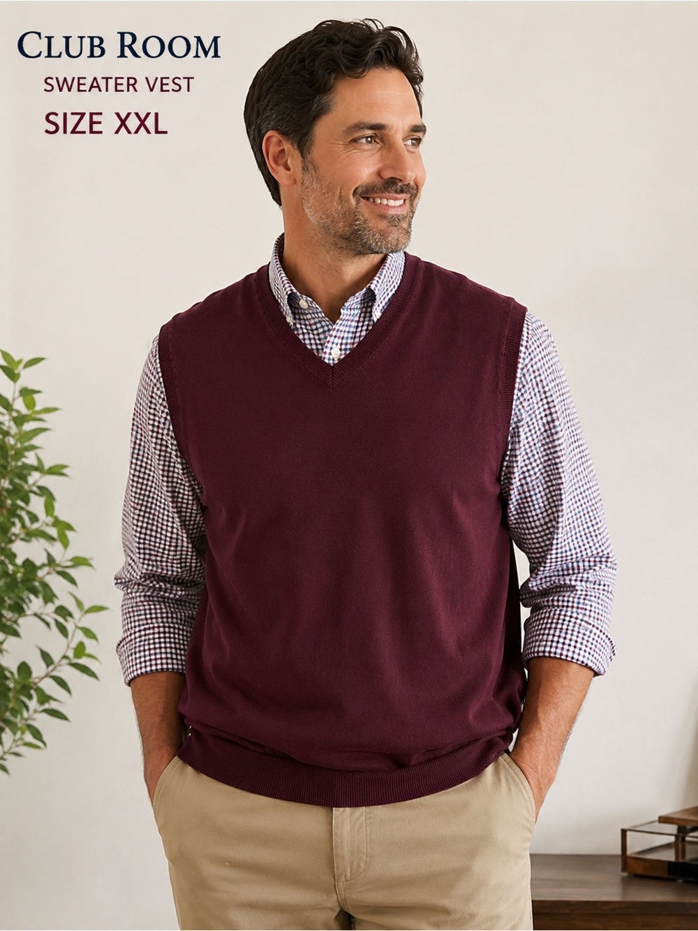 Club Room Burgundy V-Neck Sweater Vest XXL Classic Cotton Blend Knit Preppy